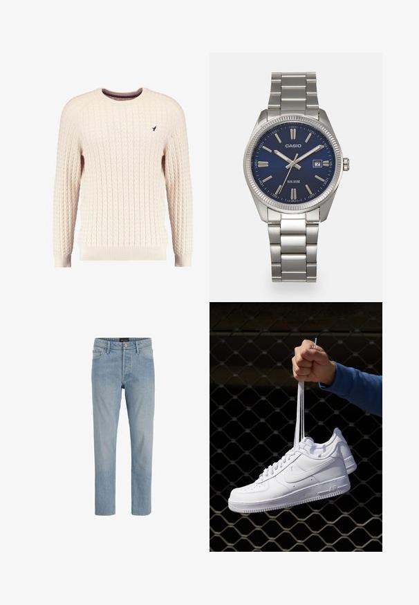 Kreemvärvi kabelikootud sviiter pikkade varrukatega ja ümmarguse kaelusega. Omab soonikuid mansette ja äärt, ning rinnal on väike brodeeritud logo.; Heledad sinise denimi sirgedega, viie taskuga, nupuga kinnitusega ja kergelt kulunud viimistlusega teksad.; Valged nahast tennisetossud, millel on perforatsioonid, ümar nina, lame tallus ja paksud nöörid, nähtava swooshi logoga ja "AIR" kontsadel.; Hõbedane roostevabast terasest käekell, tumesinise lõpliku, metallsete tuntud numbrite ja kuupäevanäidikuga kell 3 juures. Veekindel kuni 50 meetrit.