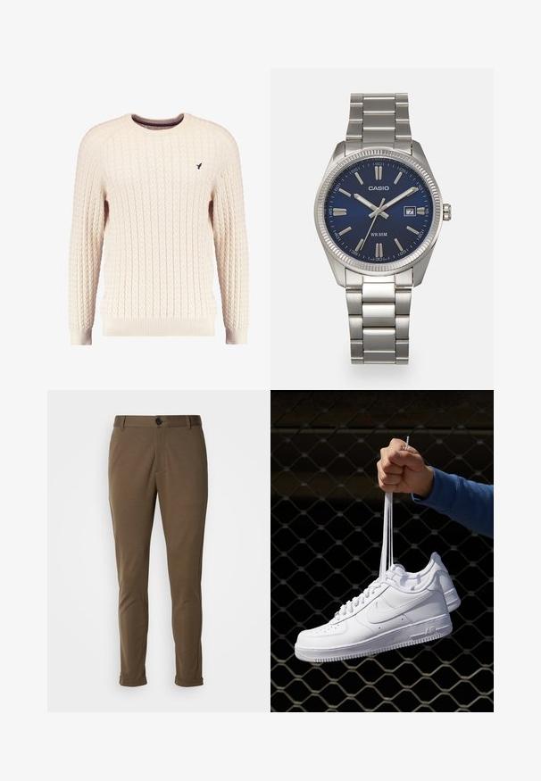 Cream cable-knit sweater with long sleeves and a crew neckline. Features ribbed cuffs and hem, with a small embroidered logo on the chest.; Brown, tailored pants with a smooth texture, featuring a button closure and rolled cuffs. Designed with a slim fit and functional pockets.; White leather sneakers with perforations, round toe, flat sole, and thick laces, featuring a visible swoosh logo and "AIR" on the heel.; Silver stainless steel wristwatch with a navy blue dial, metallic hour markers, and a date window at 3 o'clock. Water-resistant to 50 meters.