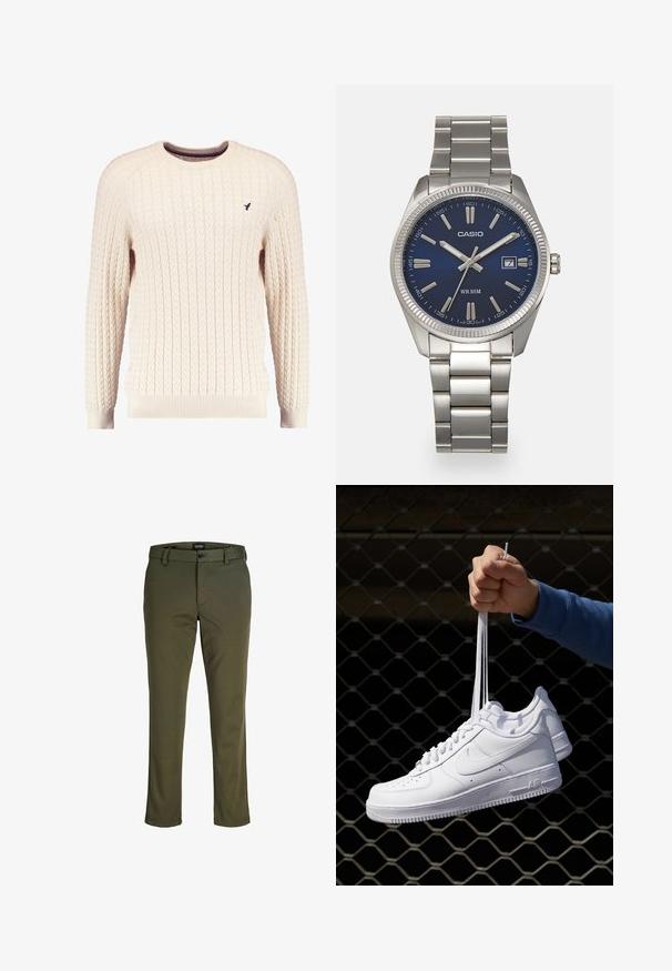 Krämfärgad kabelstickad tröja med långa ärmar och rundad halsringning. Har ribbstickade muddärmar och nederkant, med en liten broderad logotyp på bröstet.; Olivgröna byxor i slätt tyg; har en knappstängning, bälteshällor och raka ben med en ren finish.; Vita lädersneakers med perforeringar, rund tå, platt sula och tjocka snörning, med en synlig swoosh-logga och "AIR" på hälen.; Snygg klocka i silverfärgad rostfritt stål med en marinblå urtavla, metalliska timmarkörer och en datummarkering vid klockan tre. Vattentålig ner till 50 meter.