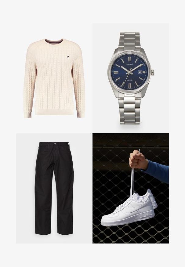 Kreemvärvi kabelikootud sviiter pikkade varrukatega ja ümmarguse kaelusega. Omab soonikuid mansette ja äärt, ning rinnal on väike brodeeritud logo.; Mustad mustadest teksad sirgete jalgadega kujundusega, varustatud nupukinnitusega ja ees olevate taskutega. Sile tekstuur, ilma nähtavate mustrite või aktsentideta.; Valged nahast tennisetossud, millel on perforatsioonid, ümar nina, lame tallus ja paksud nöörid, nähtava swooshi logoga ja "AIR" kontsadel.; Hõbedane roostevabast terasest käekell, tumesinise lõpliku, metallsete tuntud numbrite ja kuupäevanäidikuga kell 3 juures. Veekindel kuni 50 meetrit.