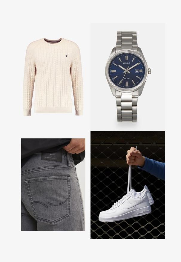 Maglione crema a trama cable con maniche lunghe e colletto tondo. Presenta polsini e orlo a costine, con un piccolo logo ricamato sul petto.; Jeans in denim grigio con una tasca posteriore caratterizzata da cuciture curve e un'etichetta in pelle nera che riporta informazioni sul marchio e dettagli sulla lavorazione.; Sneakers in pelle bianca con perforazioni, punta rotonda, suola piatta e lacci spessi, con logo swoosh visibile e "AIR" sul tallone.; Orologio da polso in acciaio inossidabile argento con quadrante blu navy, indici metallici e finestra della data alle 3. Resistente all'acqua fino a 50 metri.