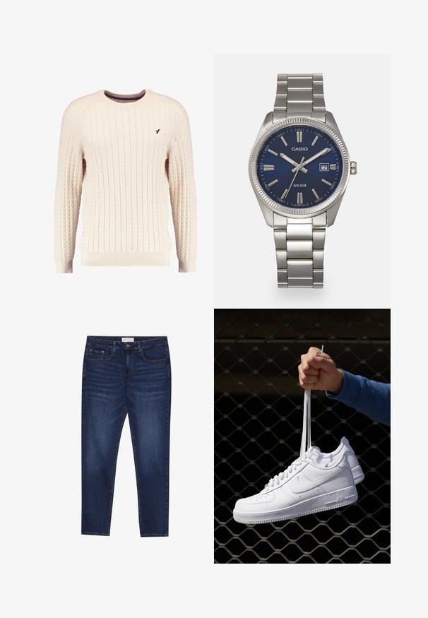 Maglione crema a trama cable con maniche lunghe e colletto tondo. Presenta polsini e orlo a costine, con un piccolo logo ricamato sul petto.; Jeans slim-fit blu scuro con cinque tasche, chiusura con bottone e cuciture in contrasto, etichettati Pier One sulla vita.; Sneakers in pelle bianca con perforazioni, punta rotonda, suola piatta e lacci spessi, con logo swoosh visibile e "AIR" sul tallone.; Orologio da polso in acciaio inossidabile argento con quadrante blu navy, indici metallici e finestra della data alle 3. Resistente all'acqua fino a 50 metri.