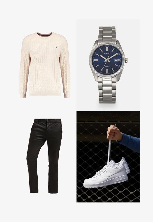 Kerman kaulusneule, jossa on pitkä hiha ja pyöreä kaula-aukko. Varustettu raidoitettuilla hihoilla ja helmalla, sekä pienellä brodeeratulla logolla rinnassa.; Topman BUXTON - Chinot - black; Valkoiset nahkasneakersit, joissa on rei'ityksiä, pyöreä kärki, tasapohja ja paksut nauhat, joissa on näkyvä swoosh-logo ja "AIR" kantapäässä.; Harmaa ruostumaton teräs rannekello, jossa on tummansininen kellotaulu, metalliset tuntimerkit ja päivämääränäyttö kello 3:ssa. Vesitiivis 50 metriin asti.