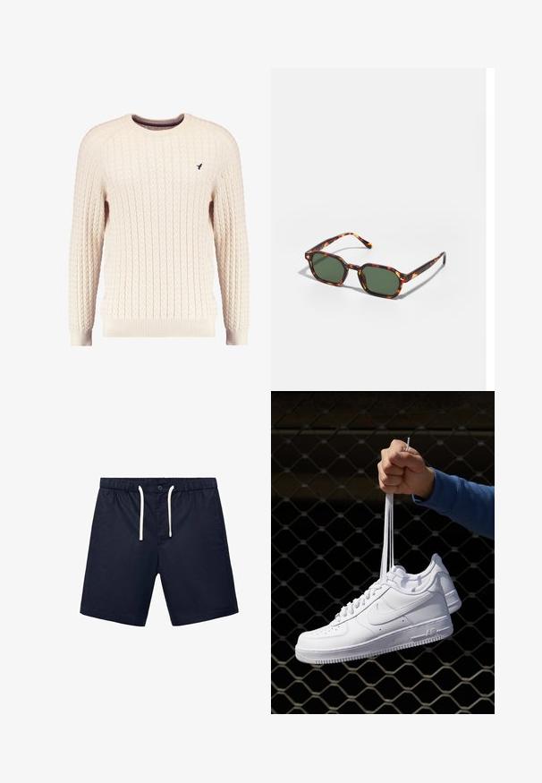 Kerman kaulusneule, jossa on pitkä hiha ja pyöreä kaula-aukko. Varustettu raidoitettuilla hihoilla ja helmalla, sekä pienellä brodeeratulla logolla rinnassa.; Tummansiniset shortsit, jotka on valmistettu kevyestä kankaasta. Niissä on joustava vyötärö, jossa on naru ja yksi etupainike.; Valkoiset nahkasneakersit, joissa on rei'ityksiä, pyöreä kärki, tasapohja ja paksut nauhat, joissa on näkyvä swoosh-logo ja "AIR" kantapäässä.; Kilpikonnakuosiset aurinkolasit vihreillä linsseillä, joissa on oktaalinen muoto ja kapeat, kaarevat varret. Materiaalissa on kiiltävä pinta.