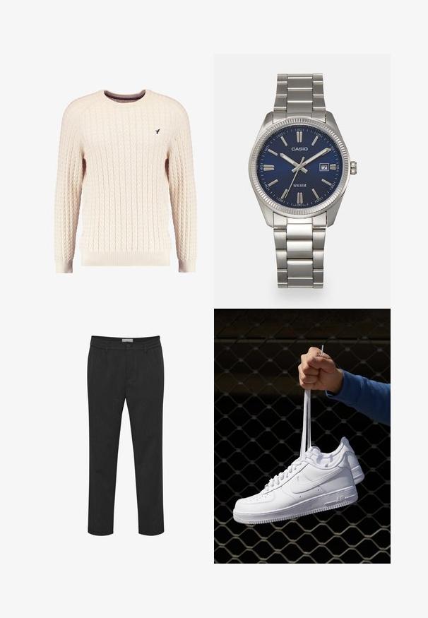 Pulover crem cu tricotaj în corde, cu mâneci lungi și gât rotund. Prezintă manșete și tiv cu nervuri, având un mic logo brodat pe piept.; Pantaloni negri dintr-un material neted, cu închidere prin button și curea. Design cu picior drept și o textură subtilă.; Adidași albaștri din piele cu perforații, vârf rotund, talpă plată și șireturi groase, cu un logo swoosh vizibil și cu inscripția "AIR" pe toc.; Ceas de mână din oțel inoxidabil argintiu cu un cadran albastru marin, marcaje orare metalice și o fereastră pentru dată la ora 3. Rezistent la apă până la 50 de metri.