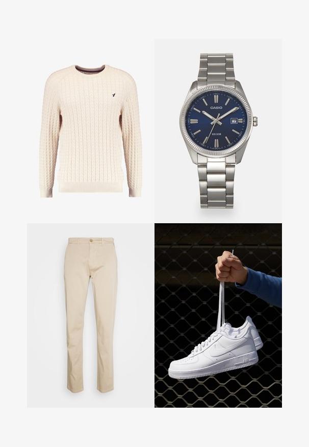 Kremfarget kabelstrikket genser med lange ermer og rund hals. Har ribbestrikkede mansjetter og kant, med en liten brodert logo på brystet.; Beige bomulls chinos med rette ben, med knappelukking og subtil tekstur. Ingen synlige mønstre eller detaljer.; Hvite skinnsneakers med perforeringer, rund tå, flat såle og tykke lisser, med en synlig swoosh-logo og "AIR" på hælen.; Sølv rustfritt stål armbåndsur med en marineblå urskive, metalliske timemarkører og et datovindu ved 3-tiden. Vanntett opptil 50 meter.