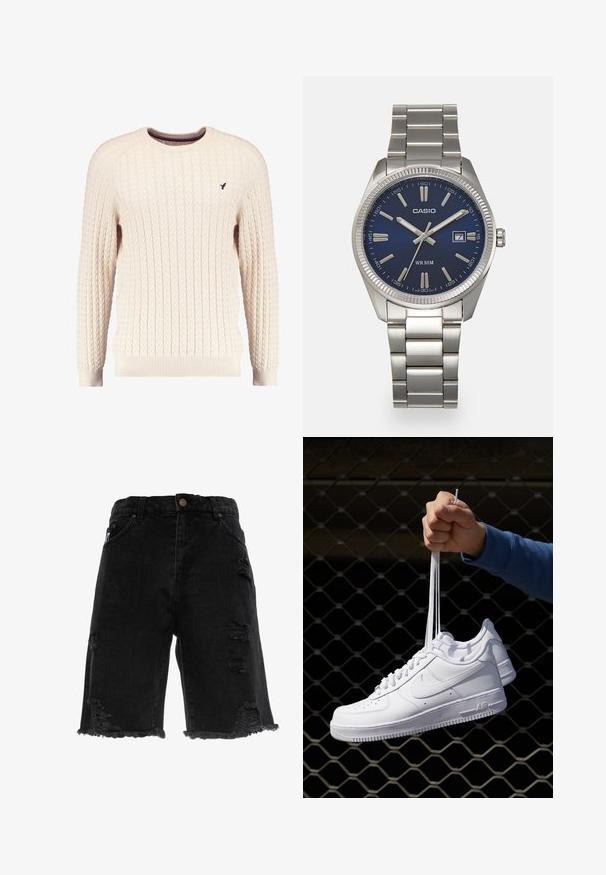 Pull en maille torsadée crème avec manches longues et col ras du cou. Présente des poignets et un ourlet côtelés, avec un petit logo brodé sur la poitrine.; Shorts en denim noir avec un ourlet effiloché, présentant des déchirures usées et une coupe droite. Comprend des poches avant traditionnelles et un bouton en métal.; Baskets en cuir blanc avec perforations, à bout rond, semelle plate et lacets épais, arborant un logo swoosh visible et "AIR" sur le talon.; Montre-bracelet en acier inoxydable argenté avec un cadran bleu marine, des index métalliques et un affichage de la date à 3 heures. Résistante à l'eau jusqu'à 50 mètres.
