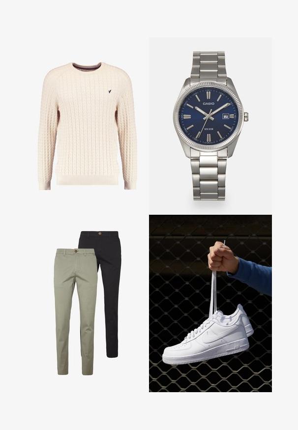 Romige kabelgebreide trui met lange mouwen en een ronde hals. Heeft ribgebreide manchetten en zoom, met een klein geborduurd logo op de borst.; Twee paar slim-fit broeken: een in lichtbeige katoen met een knoopdetail, de andere in effen zwart katoen, beide met zijzakken.; Witte leren sneakers met perforaties, ronde neus, vlakke zool en dikke veters, met een zichtbare swoosh-logo en "AIR" op de hiel.; Zilveren roestvrijstalen horloge met een marineblauwe wijzerplaat, metalen uurmarkeringen en een datumnis op 3 uur. Waterbestendig tot 50 meter.