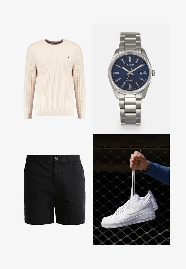 Kremowy sweter w splot kabelkowy z długimi rękawami i okrągłym dekoltem. Posiada ściągacze na mankietach i u dołu, a na piersi znajduje się małe wyszywane logo.; Czarne bawełniane szorty o gładkiej fakturze, z zapięciem na guziki i podwiniętymi mankietami. Zawierają szlufki na pasek oraz kieszenie z przodu dla większej praktyczności.; Białe skórzane sneakersy z perforacjami, okrągłym noskiem, płaską podeszwą i grubymi sznurówkami, z widocznym logo swoosh i napisem „AIR” na pięcie.; Srebrny zegarek na stalowej bransolecie z niebieską tarczą, metalowymi indeksami godzinowymi oraz okienkiem daty na godzinie 3. Wodoodporny do 50 metrów.