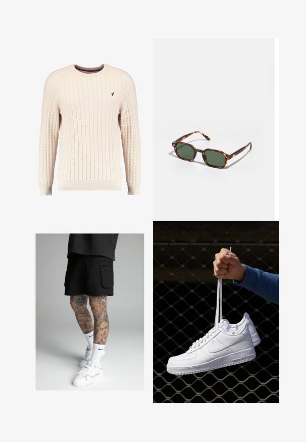 Cream cable-knit sweater with long sleeves and a crew neckline. Features ribbed cuffs and hem, with a small embroidered logo on the chest.; Black cargo shorts with side pockets, featuring a smooth texture. Worn with white athletic socks and sneakers. Detailed tattoos on legs.; White leather sneakers with perforations, round toe, flat sole, and thick laces, featuring a visible swoosh logo and "AIR" on the heel.; Tortoiseshell sunglasses with green lenses, featuring an octagonal shape and slim, curved arms. Material has a glossy finish.