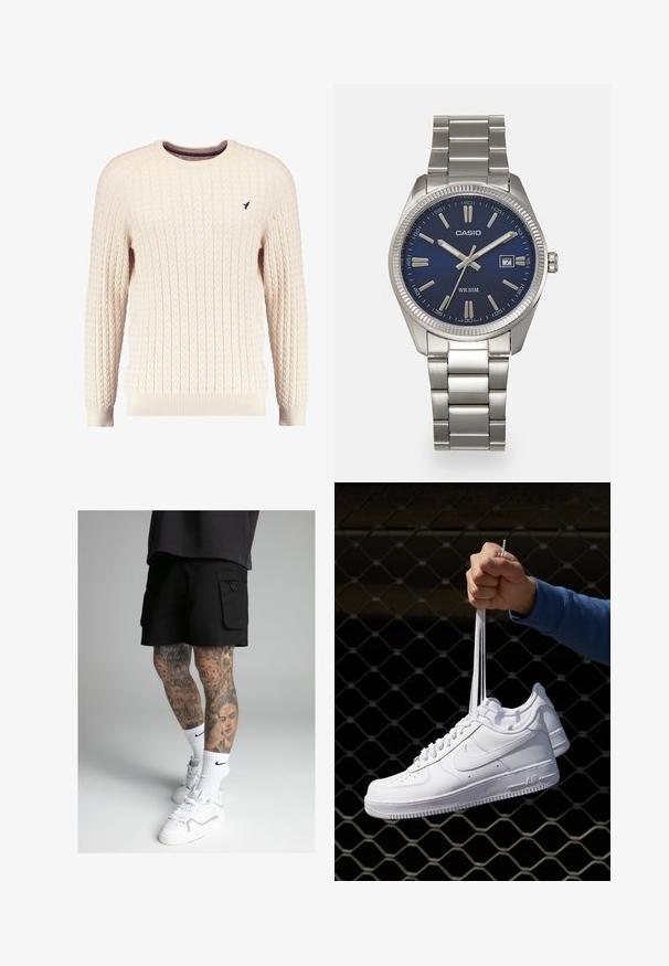 Krēmveida adīta džemperis ar garām piedurknēm un apaļu kakla izgriezumu. Tam ir ribota piedurkņu un apakšmalas apdare, kā arī neliels izsistais logotips uz krūšu daļas.; Melni cargo šorti ar sānu kabatām, ar gludu tekstūru. Valkāti ar baltiem sporta zeķēm un kedām. Sīki tetovējumi uz kājām.; Baltas ādas sporta apavi ar perforācijām, apaļu purngali, plakanu zoli un biezām šņorēm, ar redzamu swoosh logo un vārdu "AIR" uz papēža.; Sudraba nerūsējošā tērauda rokas pulkstenis ar tumši zilu ciparnīcu, metalizētiem stundu rādītājiem un datuma logu pie pulksten 3. Ūdensizturīgs līdz 50 metriem.