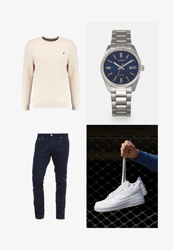 Kream pulover iz kabelskih pletenin z dolgimi rokavi in okroglo izrezom. Opremljen je z rebrastimi manšetami in robom ter s majhnim vezenim logotipom na prsih.; Temno modri slim fit hlače iz bombažne mešanice, z gumbom za zapiranje, petimi žepi in diskretnimi šivi.; Bela usnjena športna obutev s perforacijami, okroglo konico, ravnim podplatom in debelimi vezalkami, z vidnim logotipom smoosh in napisom "AIR" na peti.; Srebrna nerjaveča jeklena ura z modrim številčnico, kovinskimi kazalci ter oknom za datum na 3. uri. Vodoodporna do 50 metrov.