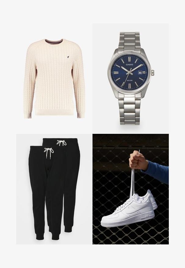 Kream pulover iz kabelskih pletenin z dolgimi rokavi in okroglo izrezom. Opremljen je z rebrastimi manšetami in robom ter s majhnim vezenim logotipom na prsih.; Črne bombažne trenirke z vrvico v pasu, zoženo spodnjo nogo in rebrastimi manšetami; prikazane sta dve pari.; Bela usnjena športna obutev s perforacijami, okroglo konico, ravnim podplatom in debelimi vezalkami, z vidnim logotipom smoosh in napisom "AIR" na peti.; Srebrna nerjaveča jeklena ura z modrim številčnico, kovinskimi kazalci ter oknom za datum na 3. uri. Vodoodporna do 50 metrov.