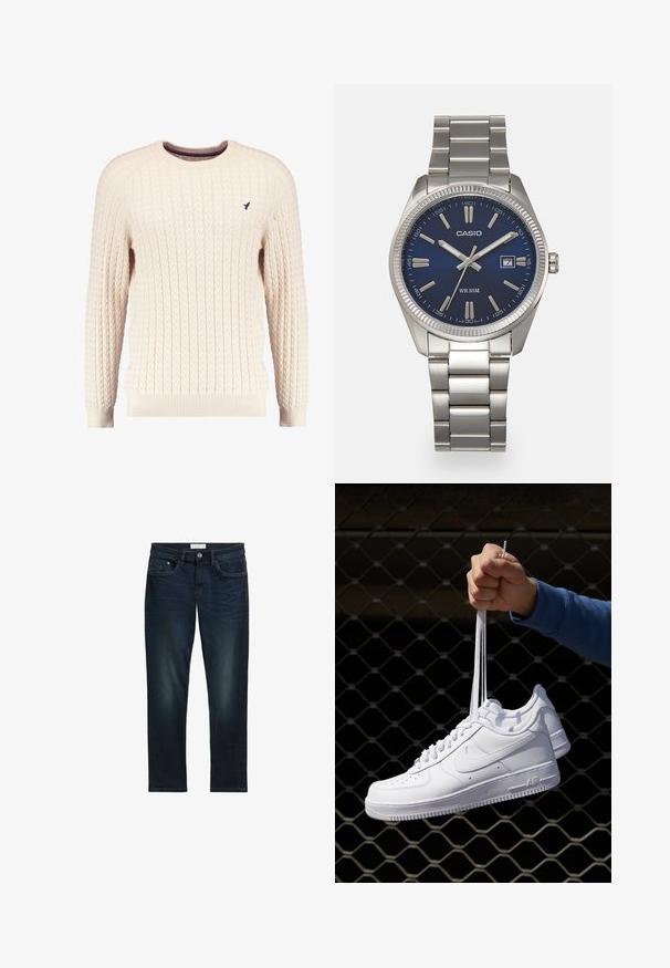 Kreminė kabelinė megztinė su ilgomis rankovėmis ir apykakle. Savybės: grioveliai prie rankovių ir apatinės dalies, o krūtinėje mažas siuvinėtas logotipas.; Tamsiai mėlynos džinsinės kelnės su siauru kirpimu, turinčios penkis kišenes, mygtuko uždarymą ir subtilų nudėvėjimo efektą priekyje, suteikiantį tekstūrą.; Balti odiniai sportiniai bateliai su perforacijomis, apvalia nosimi, plokščiu padu ir storomis raištelėmis, su matomu swoosh logotipu ir "AIR" ant kulno.; Sidabrinis nerūdijančio plieno laikrodis su tamsiai mėlynu ciferblatu, metaliniais valandų žymenimis ir datos langeliu 3 valandą. Atsparus vandeniui iki 50 metrų.