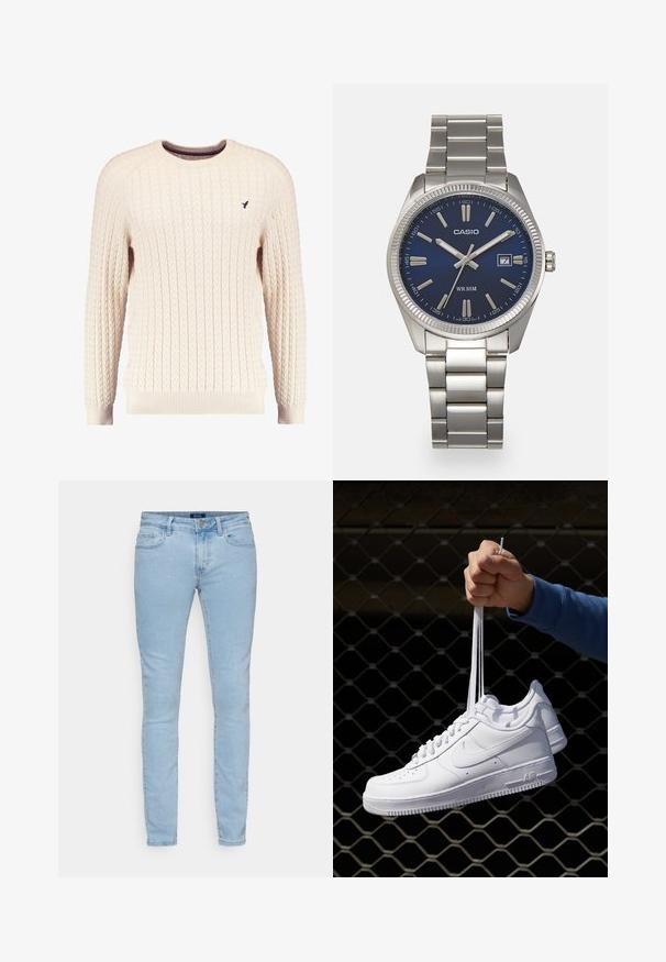 Krem pleteni pulover s dugim rukavima i okruglim izrezom. Ima rebraste manžete i donji rub, s malim izvezenim logom na prsima.; Svijetloplave uske traperice. Imaju pet džepova, kopčanje na dugme i patentni zatvarač, te minimalno izbjeljivanje za čist izgled.; Bijele kožne tenisice s perforacijama, okruglim vrhom, ravnim potplatom i debelim vezicama, s vidljivim swoosh logom i natpisom "AIR" na peti.; Srebrni sat od nehrđajućeg čelika s tamnoplavim brojčanikom, metalnim oznakama sati i prozorom za datum na 3 sata. Vodootporan do 50 metara.