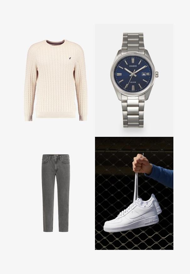 Kreminė kabelinė megztinė su ilgomis rankovėmis ir apykakle. Savybės: grioveliai prie rankovių ir apatinės dalies, o krūtinėje mažas siuvinėtas logotipas.; Šviesiai pilkos spalvos džinsai tiesiomis kojų siūlėmis, penkios kišenės, kišenės diržui ir užtrauktukas. Audinio tekstūra atrodo šiek tiek nudėvėta.; Balti odiniai sportiniai bateliai su perforacijomis, apvalia nosimi, plokščiu padu ir storomis raištelėmis, su matomu swoosh logotipu ir "AIR" ant kulno.; Sidabrinis nerūdijančio plieno laikrodis su tamsiai mėlynu ciferblatu, metaliniais valandų žymenimis ir datos langeliu 3 valandą. Atsparus vandeniui iki 50 metrų.