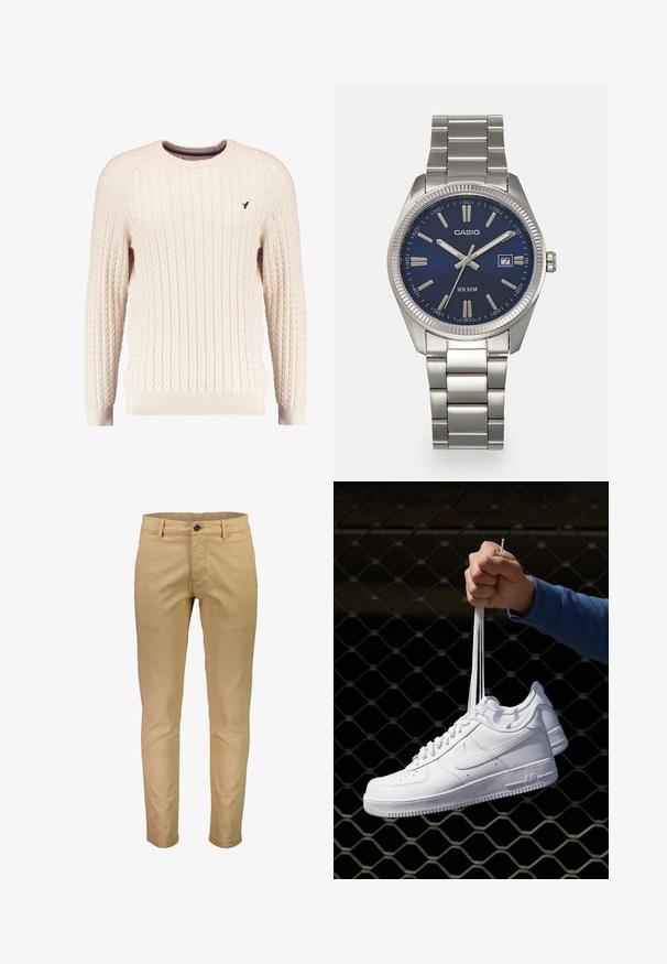 Krémový sveter s káblovým pletením, dlhé rukávy a okrúhly výstrih. Obsahuje rebrované manžety a lem, s malým vyšitým logom na hrudi.; Chinos v svetlej béžovej tkanine so strihom rovného nohavice, obsahujúce jediné predné gombík a štyri vrecká. Hladká textúra a strih prispôsobený postave.; Biele kožené tenisky s perforáciami, okrúhlou špičkou, plochou podrážkou a hrubými šnúrkami, pričom majú viditeľné logo swoosh a nápis "AIR" na päte.; Strieborné nerezové hodinky s modrým ciferníkom, kovovými hodinovými značkami a dátumovým oknom na 3. hodine. Vodotesné do hĺbky 50 metrov.