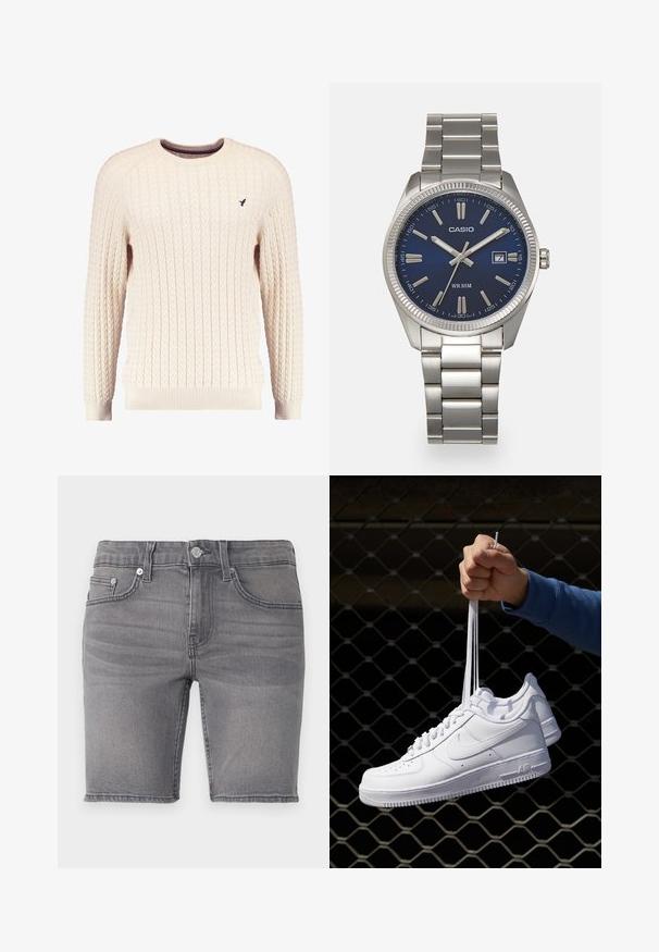 Krēmveida adīta džemperis ar garām piedurknēm un apaļu kakla izgriezumu. Tam ir ribota piedurkņu un apakšmalas apdare, kā arī neliels izsistais logotips uz krūšu daļas.; Pelēki džinsi šorti ar piecām kabatām, rāvējslēdzēja aizdari, sudraba detaļām un nedaudz izbalējušu tekstūru. Malas grieztas virs ceļgala.; Baltas ādas sporta apavi ar perforācijām, apaļu purngali, plakanu zoli un biezām šņorēm, ar redzamu swoosh logo un vārdu "AIR" uz papēža.; Sudraba nerūsējošā tērauda rokas pulkstenis ar tumši zilu ciparnīcu, metalizētiem stundu rādītājiem un datuma logu pie pulksten 3. Ūdensizturīgs līdz 50 metriem.