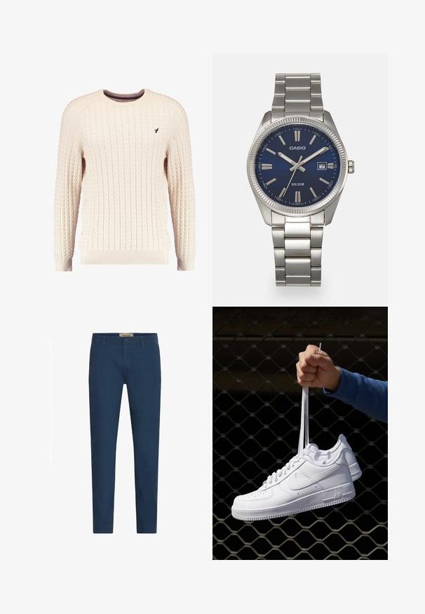 Kreminė kabelinė megztinė su ilgomis rankovėmis ir apykakle. Savybės: grioveliai prie rankovių ir apatinės dalies, o krūtinėje mažas siuvinėtas logotipas.; Tamsiai mėlyni liekni vyriški kelnytės su diržo kilputėmis, priekyje mygtuko uždarymu ir šoninėmis kišenėmis, pateiktos prieš baltą foną.; Balti odiniai sportiniai bateliai su perforacijomis, apvalia nosimi, plokščiu padu ir storomis raištelėmis, su matomu swoosh logotipu ir "AIR" ant kulno.; Sidabrinis nerūdijančio plieno laikrodis su tamsiai mėlynu ciferblatu, metaliniais valandų žymenimis ir datos langeliu 3 valandą. Atsparus vandeniui iki 50 metrų.