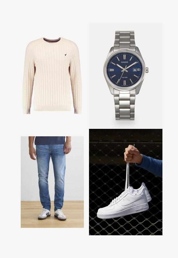 Tejkrém színű kötött pulóver hosszú ujjal és kerek nyakkivágással. Elnyújtott mandzsetták és szegély, az elején egy kis hímzett logóval.; Világoskék farmer, vékony szabással, enyhe kopással és öt zsebes dizájnnal. Fehér sportcipővel és sötét inggel viselve.; Fehér bőr sportcipők perforációval, kerek orral, lapos talppal és vastag fűzőkkel, látható swoosh logóval és "AIR" felirattal a sarokrészen.; Ezüst színű rozsdamentes acél karóránk sötétkék számlapja van, fém óraszámlálókkal és egy dátumablakkal a 3 órás pozícióban. 50 méterig vízálló.