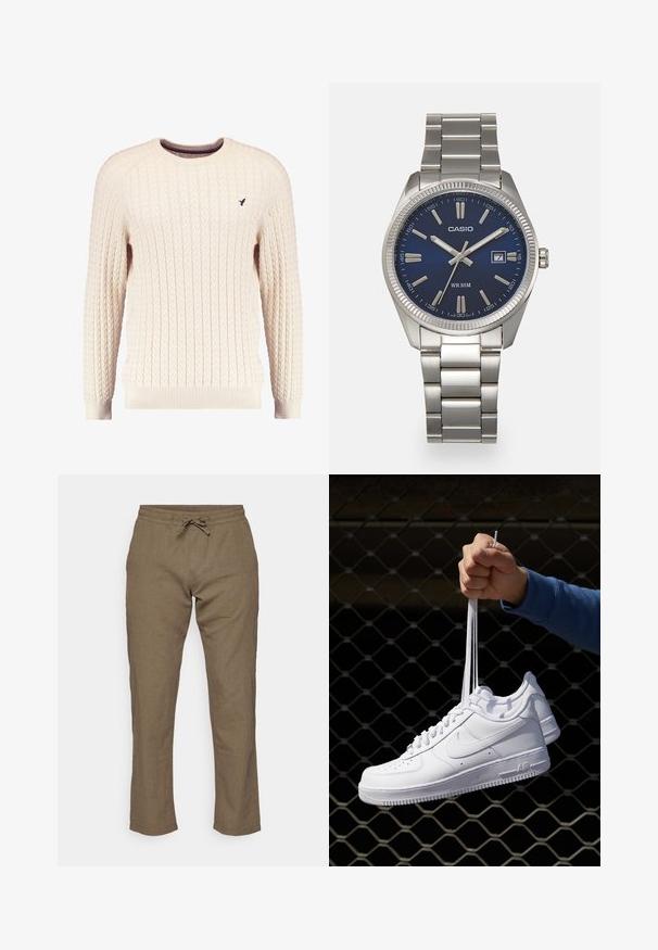 Maglione crema a trama cable con maniche lunghe e colletto tondo. Presenta polsini e orlo a costine, con un piccolo logo ricamato sul petto.; Jack & Jones JPSTKANE SUMMER JOGGER - Pantaloni - dusty olive; Sneakers in pelle bianca con perforazioni, punta rotonda, suola piatta e lacci spessi, con logo swoosh visibile e "AIR" sul tallone.; Orologio da polso in acciaio inossidabile argento con quadrante blu navy, indici metallici e finestra della data alle 3. Resistente all'acqua fino a 50 metri.