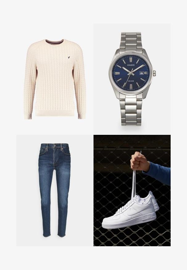 Kremfarget kabelstrikket genser med lange ermer og rund hals. Har ribbestrikkede mansjetter og kant, med en liten brodert logo på brystet.; Mørkeblå denimjeans med en tettsittende design, med fem lommer, frontknapping og oransje sømdetaljer.; Hvite skinnsneakers med perforeringer, rund tå, flat såle og tykke lisser, med en synlig swoosh-logo og "AIR" på hælen.; Sølv rustfritt stål armbåndsur med en marineblå urskive, metalliske timemarkører og et datovindu ved 3-tiden. Vanntett opptil 50 meter.