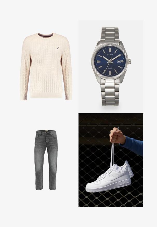 Suéter crema de punto trenzado con mangas largas y escote redondo. Presenta puños y dobladillo acanalados, con un pequeño logo bordado en el pecho.; Vaqueros de mezclilla gris con diseño de pierna recta. Cuenta con cinco bolsillos, un cierre de botón y un ligero desgaste con un acabado texturizado.; Zapatillas de cuero blanco con perforaciones, punta redonda, suela plana y cordones gruesos, con un logo de swoosh visible y "AIR" en el talón.; Reloj de pulsera de acero inoxidable plateado con una esfera azul marina, marcadores horarios metálicos y una ventana de fecha a las 3 en punto. Resistente al agua hasta 50 metros.