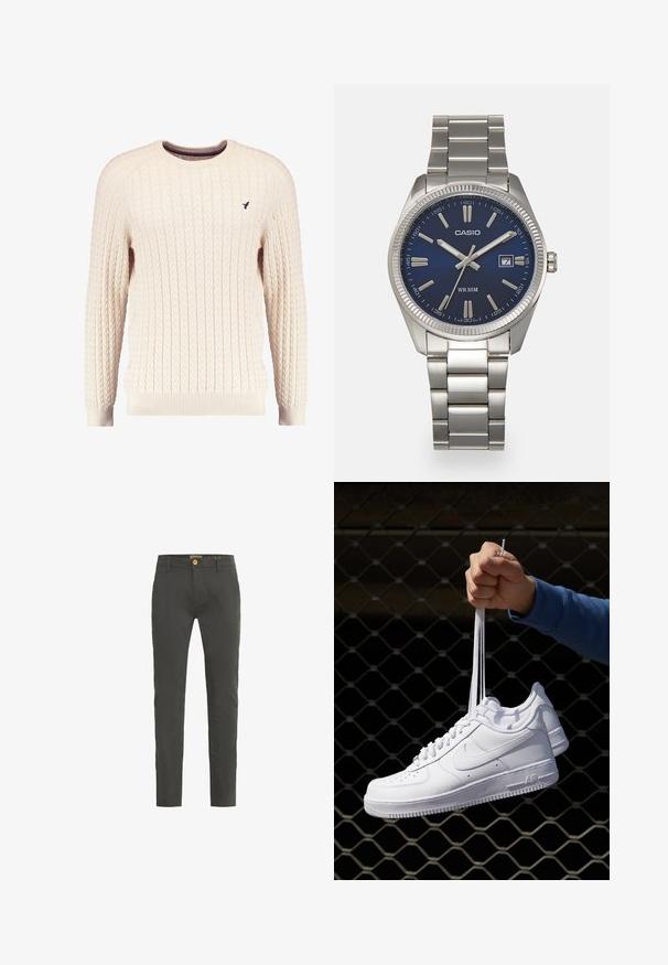Cremfarbener Kabelle-Strickpullover mit langen Ärmeln und Rundhalsausschnitt. Mit gerippten Bündchen und Saum sowie einem kleinen gestickten Logo auf der Brust.; Dunkelgraue, schmale Chinos aus Baumwollmischung. Mit einem einzelnen Knopfverschluss und Gürtelschlaufen. Glatte Textur mit minimaler Detailierung.; Weiße Leder-Sneaker mit Perforationen, runder Zehenpartie, flacher Sohle und dicken Schnürsenkeln, mit sichtbar eingesticktem Swoosh-Logo und "AIR" an der Ferse.; Silberner Armbanduhr aus Edelstahl mit einem dunkelblauen Zifferblatt, metallischen Stundenmarkierungen und einem Datumsfenster bei 3 Uhr. Wasserdicht bis 50 Meter.