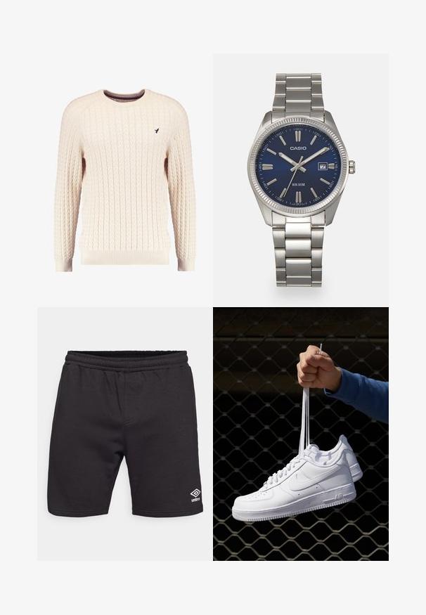 Kerman kaulusneule, jossa on pitkä hiha ja pyöreä kaula-aukko. Varustettu raidoitettuilla hihoilla ja helmalla, sekä pienellä brodeeratulla logolla rinnassa.; Musta urheilushortsit, jotka on valmistettu pehmeästä kankaasta, ja joissa on joustava vyötärö ja pieni valkoinen logo vasemmassa alakulmassa.; Valkoiset nahkasneakersit, joissa on rei'ityksiä, pyöreä kärki, tasapohja ja paksut nauhat, joissa on näkyvä swoosh-logo ja "AIR" kantapäässä.; Harmaa ruostumaton teräs rannekello, jossa on tummansininen kellotaulu, metalliset tuntimerkit ja päivämääränäyttö kello 3:ssa. Vesitiivis 50 metriin asti.