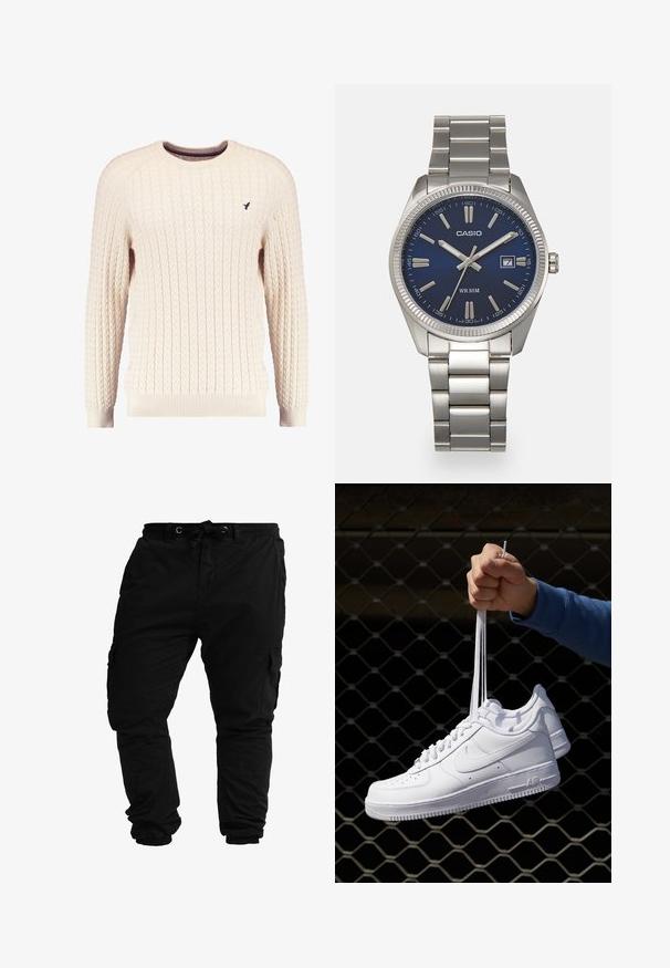 Kream pulover iz kabelskih pletenin z dolgimi rokavi in okroglo izrezom. Opremljen je z rebrastimi manšetami in robom ter s majhnim vezenim logotipom na prsih.; Črne cargo hlače iz mešanice bombaža; imajo elastični pas z vrvico, več stranskih žepov in ožje rokave pri gležnjih.; Bela usnjena športna obutev s perforacijami, okroglo konico, ravnim podplatom in debelimi vezalkami, z vidnim logotipom smoosh in napisom "AIR" na peti.; Srebrna nerjaveča jeklena ura z modrim številčnico, kovinskimi kazalci ter oknom za datum na 3. uri. Vodoodporna do 50 metrov.