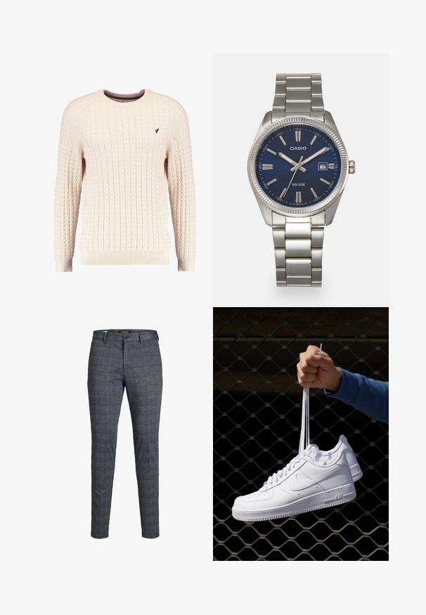 Maglione crema a trama cable con maniche lunghe e colletto tondo. Presenta polsini e orlo a costine, con un piccolo logo ricamato sul petto.; Pantaloni a scacchi grigi con vestibilità sartoriale, dotati di chiusura con bottone e passanti per cintura. Il tessuto ha una texture liscia con sottili accenti blu.; Sneakers in pelle bianca con perforazioni, punta rotonda, suola piatta e lacci spessi, con logo swoosh visibile e "AIR" sul tallone.; Orologio da polso in acciaio inossidabile argento con quadrante blu navy, indici metallici e finestra della data alle 3. Resistente all'acqua fino a 50 metri.