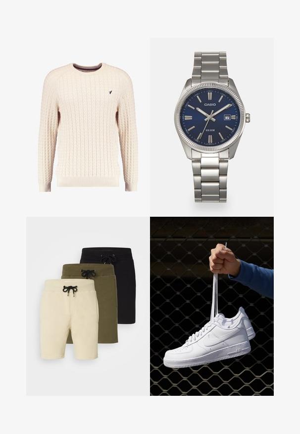Kream pulover iz kabelskih pletenin z dolgimi rokavi in okroglo izrezom. Opremljen je z rebrastimi manšetami in robom ter s majhnim vezenim logotipom na prsih.; Tri para hlač v bež, olivno zeleni in črni barvi. Vsak par ima elastični pas s vrvico in žepke, izdelani so iz mehkega, raztegljivega materiala.; Bela usnjena športna obutev s perforacijami, okroglo konico, ravnim podplatom in debelimi vezalkami, z vidnim logotipom smoosh in napisom "AIR" na peti.; Srebrna nerjaveča jeklena ura z modrim številčnico, kovinskimi kazalci ter oknom za datum na 3. uri. Vodoodporna do 50 metrov.