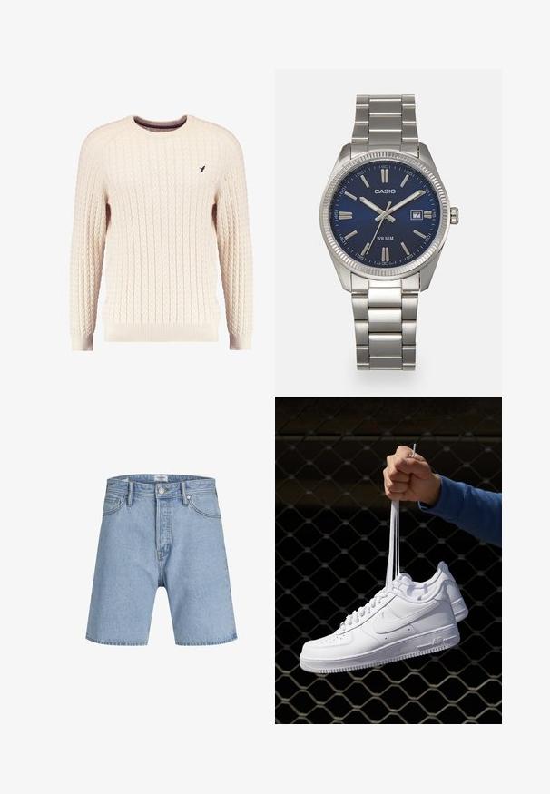 Kremfarget kabelstrikket genser med lange ermer og rund hals. Har ribbestrikkede mansjetter og kant, med en liten brodert logo på brystet.; Jack & Jones ITONY ORIGINAL - Jeansshorts - blue denim; Hvite skinnsneakers med perforeringer, rund tå, flat såle og tykke lisser, med en synlig swoosh-logo og "AIR" på hælen.; Sølv rustfritt stål armbåndsur med en marineblå urskive, metalliske timemarkører og et datovindu ved 3-tiden. Vanntett opptil 50 meter.