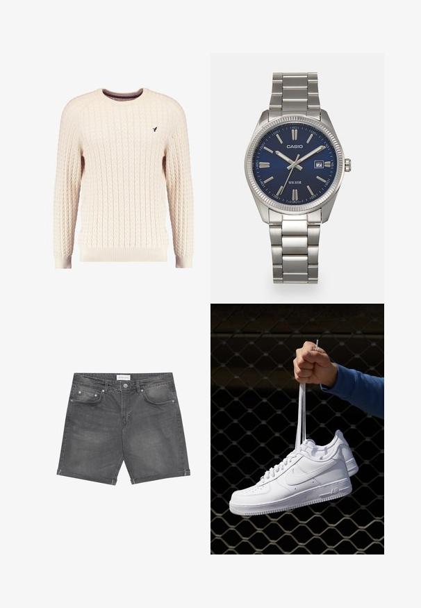 Pull en maille torsadée crème avec manches longues et col ras du cou. Présente des poignets et un ourlet côtelés, avec un petit logo brodé sur la poitrine.; Shorts en denim gris foncé avec un design classique à cinq poches, des ourlets retournés et des accents en métal sur les boutons. Texture lisse avec un délavage subtil.; Baskets en cuir blanc avec perforations, à bout rond, semelle plate et lacets épais, arborant un logo swoosh visible et "AIR" sur le talon.; Montre-bracelet en acier inoxydable argenté avec un cadran bleu marine, des index métalliques et un affichage de la date à 3 heures. Résistante à l'eau jusqu'à 50 mètres.