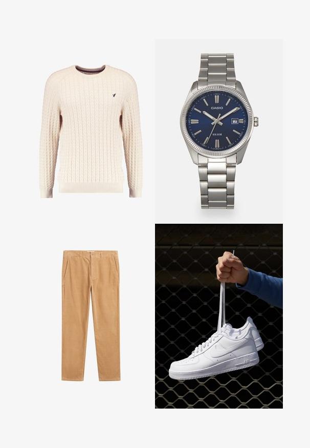 Pull en maille torsadée crème avec manches longues et col ras du cou. Présente des poignets et un ourlet côtelés, avec un petit logo brodé sur la poitrine.; Pantalons en velours côtelé marron clair à jambe droite, avec des poches latérales et une texture lisse. Pas de motifs ou d'accents visibles.; Baskets en cuir blanc avec perforations, à bout rond, semelle plate et lacets épais, arborant un logo swoosh visible et "AIR" sur le talon.; Montre-bracelet en acier inoxydable argenté avec un cadran bleu marine, des index métalliques et un affichage de la date à 3 heures. Résistante à l'eau jusqu'à 50 mètres.