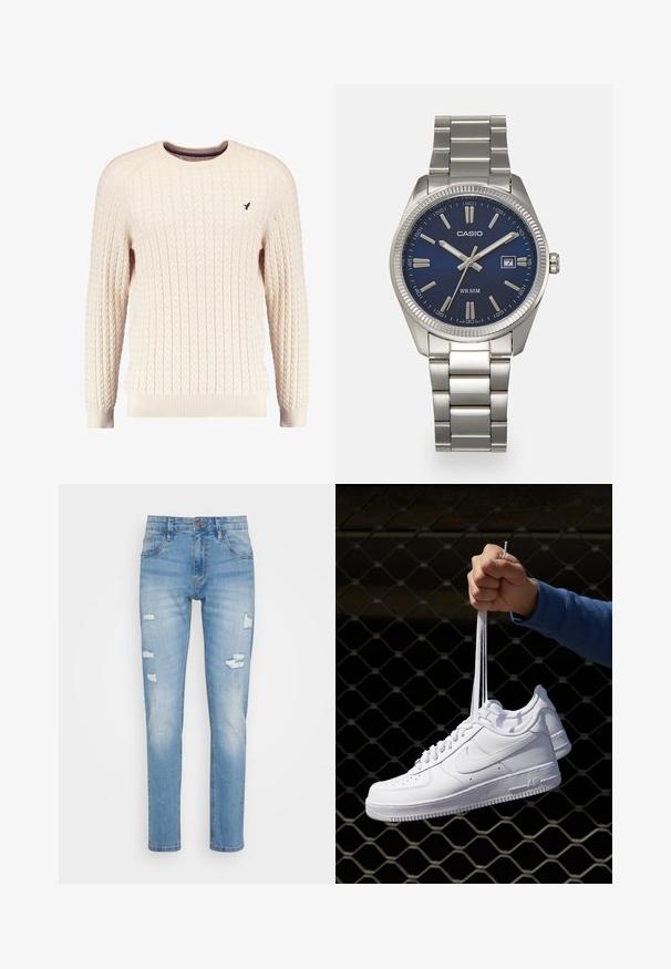 Krämfärgad kabelstickad tröja med långa ärmar och rundad halsringning. Har ribbstickade muddärmar och nederkant, med en liten broderad logotyp på bröstet.; Ljust blå denimjeans med en smal passform, med slitna lappar och subtila blekningar. Klassisk femficksstil och knappstängning.; Vita lädersneakers med perforeringar, rund tå, platt sula och tjocka snörning, med en synlig swoosh-logga och "AIR" på hälen.; Snygg klocka i silverfärgad rostfritt stål med en marinblå urtavla, metalliska timmarkörer och en datummarkering vid klockan tre. Vattentålig ner till 50 meter.