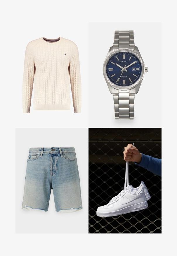 Krémový sveter s káblovým pletením, dlhé rukávy a okrúhly výstrih. Obsahuje rebrované manžety a lem, s malým vyšitým logom na hrudi.; Džínové šortky svetlo modrej farby s vyblednutým vzhľadom. Obsahujú rozstrapkaný spodný okraj a štandardný dizajn s piatimi vreckami. Zapínanie na kovový gombík v páse.; Biele kožené tenisky s perforáciami, okrúhlou špičkou, plochou podrážkou a hrubými šnúrkami, pričom majú viditeľné logo swoosh a nápis "AIR" na päte.; Strieborné nerezové hodinky s modrým ciferníkom, kovovými hodinovými značkami a dátumovým oknom na 3. hodine. Vodotesné do hĺbky 50 metrov.
