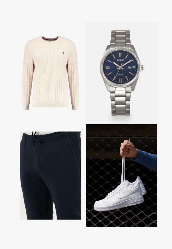 Cremefarvet kabelstrikket sweater med lange ærmer og rund hals. Har ribbede manchetter og kant, samt et lille broderet logo på brystet.; Marineblå sweatpants lavet af blødt stof, med en elastisk talje med snor, sidelommer og et tapered ben-design.; Hvide lædersneakers med perforeringer, rund tå, flad sål og tykke snørebånd, med et synligt swoosh-logo og "AIR" på hælen.; Sølv rustfrit stål urrem med en marineblå urskive, metallic timemarkører og et datovindue kl. 3. Vandafvisende op til 50 meter.