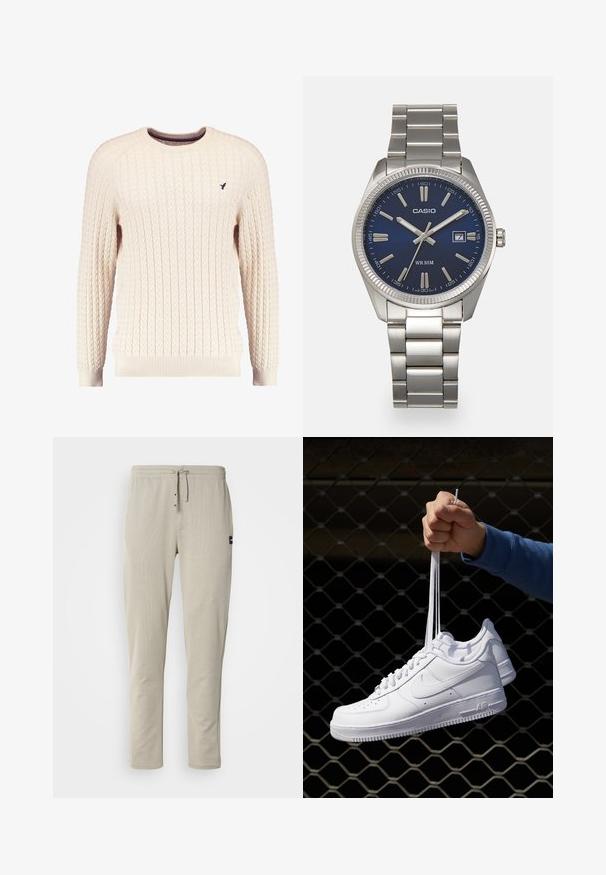 Pull en maille torsadée crème avec manches longues et col ras du cou. Présente des poignets et un ourlet côtelés, avec un petit logo brodé sur la poitrine.; Pantalons jogger beiges en tissu doux, avec une taille élastique, un cordon de serrage et deux poches avant. Design minimaliste avec des coutures latérales.; Baskets en cuir blanc avec perforations, à bout rond, semelle plate et lacets épais, arborant un logo swoosh visible et "AIR" sur le talon.; Montre-bracelet en acier inoxydable argenté avec un cadran bleu marine, des index métalliques et un affichage de la date à 3 heures. Résistante à l'eau jusqu'à 50 mètres.