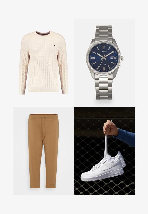 Suéter de ponto torcido em creme, com mangas longas e decote redondo. Apresenta punhos e bainha canelados, com um pequeno logótipo bordado no peito.; Polo Ralph Lauren Big & Tall DOUBLE-KNIT JOGGER PANT - Calças de fato de treino - new bronze; Sapatilhas de couro branco com perfurações, biqueira redonda, sola plana e atacadores grossos, apresentando um logotipo swoosh visível e "AIR" no calcanhar.; Relógio de pulso em aço inoxidável prateado com um mostrador azul-marinho, marcadores de horas metálicos e uma janela de data às 3 horas. À prova de água até 50 metros.