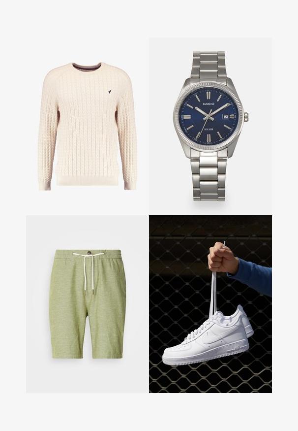 Kremfarget kabelstrikket genser med lange ermer og rund hals. Har ribbestrikkede mansjetter og kant, med en liten brodert logo på brystet.; Lys grønne shorts laget av en blanding av bomull, med elastisk midjebånd med snøring og metalltupper, kort lengde, og ingen lommer.; Hvite skinnsneakers med perforeringer, rund tå, flat såle og tykke lisser, med en synlig swoosh-logo og "AIR" på hælen.; Sølv rustfritt stål armbåndsur med en marineblå urskive, metalliske timemarkører og et datovindu ved 3-tiden. Vanntett opptil 50 meter.
