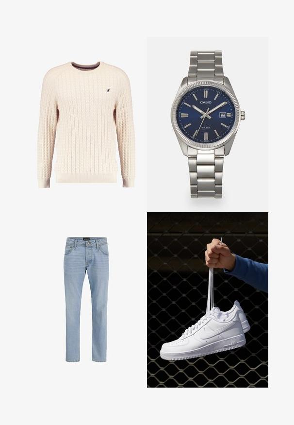 Pulover crem cu tricotaj în corde, cu mâneci lungi și gât rotund. Prezintă manșete și tiv cu nervuri, având un mic logo brodat pe piept.; Blugi din denim de culoare albastru deschis, cu o croială slim, design cu cinci buzunare, textură ușor estompată și accesorii metalice la fermoar și închidere cu buton.; Adidași albaștri din piele cu perforații, vârf rotund, talpă plată și șireturi groase, cu un logo swoosh vizibil și cu inscripția "AIR" pe toc.; Ceas de mână din oțel inoxidabil argintiu cu un cadran albastru marin, marcaje orare metalice și o fereastră pentru dată la ora 3. Rezistent la apă până la 50 de metri.