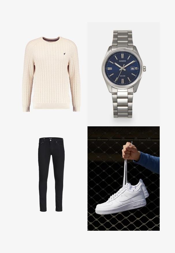 Kremfarget kabelstrikket genser med lange ermer og rund hals. Har ribbestrikkede mansjetter og kant, med en liten brodert logo på brystet.; Sorte slim-fit jeans laget av denim, med klassisk fem-lommers design, beltehemper og glidelås med knappelukking.; Hvite skinnsneakers med perforeringer, rund tå, flat såle og tykke lisser, med en synlig swoosh-logo og "AIR" på hælen.; Sølv rustfritt stål armbåndsur med en marineblå urskive, metalliske timemarkører og et datovindu ved 3-tiden. Vanntett opptil 50 meter.