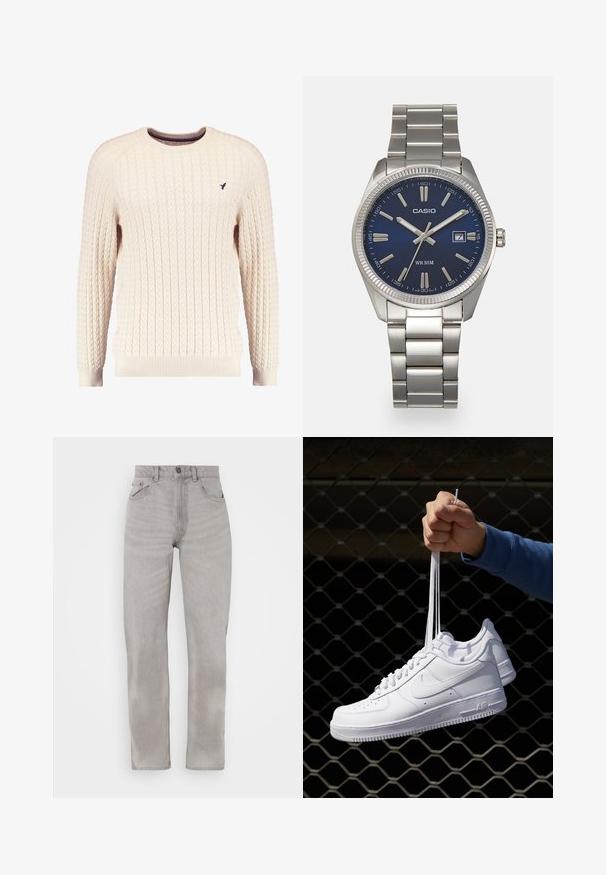 Romige kabelgebreide trui met lange mouwen en een ronde hals. Heeft ribgebreide manchetten en zoom, met een klein geborduurd logo op de borst.; Grijze denim jeans met een recht gesneden ontwerp, met vijf zakken, een knoop- en ritssluiting, en subtiele vervagingdetails overal.; Witte leren sneakers met perforaties, ronde neus, vlakke zool en dikke veters, met een zichtbare swoosh-logo en "AIR" op de hiel.; Zilveren roestvrijstalen horloge met een marineblauwe wijzerplaat, metalen uurmarkeringen en een datumnis op 3 uur. Waterbestendig tot 50 meter.