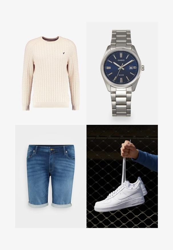 Kreemvärvi kabelikootud sviiter pikkade varrukatega ja ümmarguse kaelusega. Omab soonikuid mansette ja äärt, ning rinnal on väike brodeeritud logo.; Keskmise sinise tooniga teksashortsid, millel on kerge kulumine, nupuvajutus, viis taskut ja rullitud servad, et saavutada lõdvestunud välimus.; Valged nahast tennisetossud, millel on perforatsioonid, ümar nina, lame tallus ja paksud nöörid, nähtava swooshi logoga ja "AIR" kontsadel.; Hõbedane roostevabast terasest käekell, tumesinise lõpliku, metallsete tuntud numbrite ja kuupäevanäidikuga kell 3 juures. Veekindel kuni 50 meetrit.