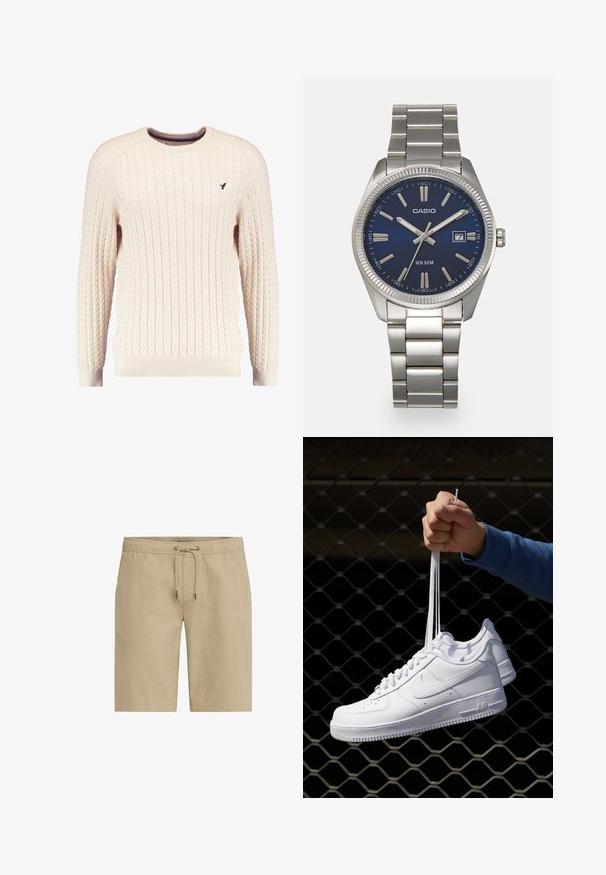 Cream cable-knit sweater with long sleeves and a crew neckline. Features ribbed cuffs and hem, with a small embroidered logo on the chest.; Beige shorts made of soft fabric, featuring an elastic waistband with a drawstring and side pockets, designed with a straight cut.; White leather sneakers with perforations, round toe, flat sole, and thick laces, featuring a visible swoosh logo and "AIR" on the heel.; Silver stainless steel wristwatch with a navy blue dial, metallic hour markers, and a date window at 3 o'clock. Water-resistant to 50 meters.