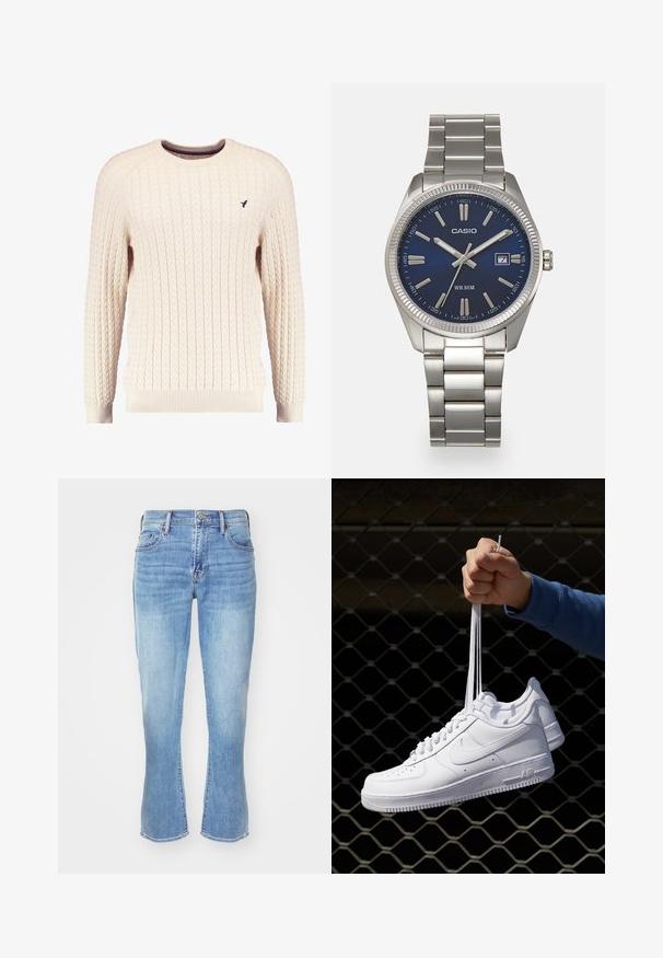 Krémový sveter s káblovým pletením, dlhé rukávy a okrúhly výstrih. Obsahuje rebrované manžety a lem, s malým vyšitým logom na hrudi.; Svetlomodré denimové džínsy so striedmym strihom, rozšírenými nohavicami na koncoch, dizajnom s piatimi vreckami a jemným vyblednutím v oblasti kolien a stehien.; Biele kožené tenisky s perforáciami, okrúhlou špičkou, plochou podrážkou a hrubými šnúrkami, pričom majú viditeľné logo swoosh a nápis "AIR" na päte.; Strieborné nerezové hodinky s modrým ciferníkom, kovovými hodinovými značkami a dátumovým oknom na 3. hodine. Vodotesné do hĺbky 50 metrov.