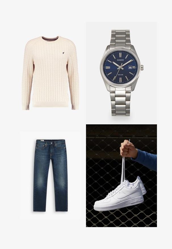 Maglione crema a trama cable con maniche lunghe e colletto tondo. Presenta polsini e orlo a costine, con un piccolo logo ricamato sul petto.; Jeans in denim blu con taglio dritto, caratterizzati da leggeri segni di scoloritura, rivetti in rame e una vita classica con chiusura a bottone.; Sneakers in pelle bianca con perforazioni, punta rotonda, suola piatta e lacci spessi, con logo swoosh visibile e "AIR" sul tallone.; Orologio da polso in acciaio inossidabile argento con quadrante blu navy, indici metallici e finestra della data alle 3. Resistente all'acqua fino a 50 metri.