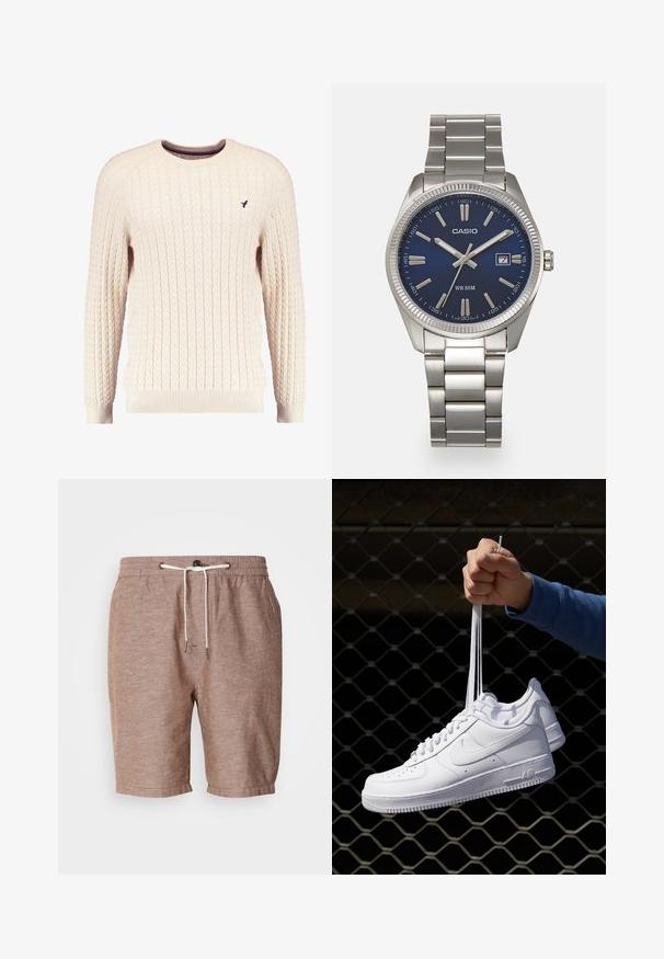 Kremowy sweter w splot kabelkowy z długimi rękawami i okrągłym dekoltem. Posiada ściągacze na mankietach i u dołu, a na piersi znajduje się małe wyszywane logo.; Brązowe lniane szorty z elastycznym paskiem, zawiązywaniem na sznurki i podwijanym wykończeniem. Charakteryzują się subtelną teksturą i minimalistycznym stylem.; Białe skórzane sneakersy z perforacjami, okrągłym noskiem, płaską podeszwą i grubymi sznurówkami, z widocznym logo swoosh i napisem „AIR” na pięcie.; Srebrny zegarek na stalowej bransolecie z niebieską tarczą, metalowymi indeksami godzinowymi oraz okienkiem daty na godzinie 3. Wodoodporny do 50 metrów.