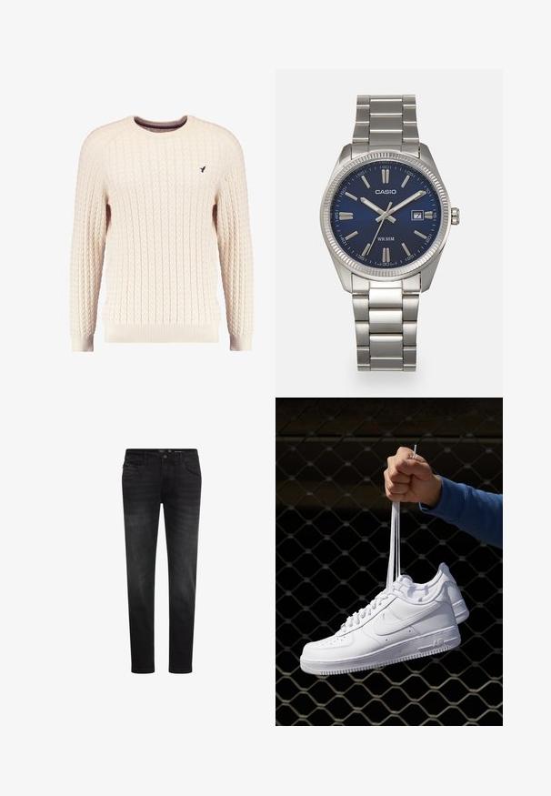 Cremfarbener Kabelle-Strickpullover mit langen Ärmeln und Rundhalsausschnitt. Mit gerippten Bündchen und Saum sowie einem kleinen gestickten Logo auf der Brust.; Schwarze Denim-Jeans im Slim-Fit-Style mit Knopfverschluss, fünf Taschen-Design und dezenten Ausbleichungen für eine strukturierte Optik. Glatte Oberfläche ohne Verzierungen.; Weiße Leder-Sneaker mit Perforationen, runder Zehenpartie, flacher Sohle und dicken Schnürsenkeln, mit sichtbar eingesticktem Swoosh-Logo und "AIR" an der Ferse.; Silberner Armbanduhr aus Edelstahl mit einem dunkelblauen Zifferblatt, metallischen Stundenmarkierungen und einem Datumsfenster bei 3 Uhr. Wasserdicht bis 50 Meter.